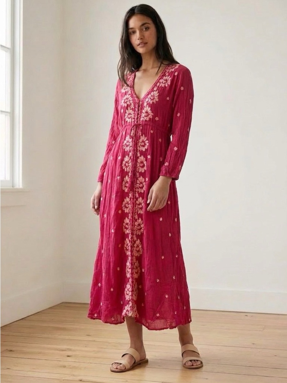Free People Raspberry Floral Embroidered V-Neck Maxi Dress